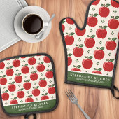 Rode Apple Patroon Gepersonaliseerde Naam Ovenwant & Pannenlap Set