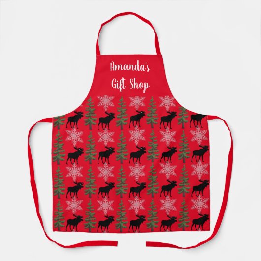 Rode apron met rustieke elandprint en personalisat schort (Voorkant)