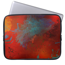 Rode, Aqua & Gouden Grunge Digitale Abstracte Kuns Laptop Sleeve