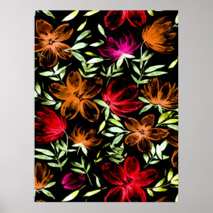 Rode Aquarel Bloemen 3 Poster