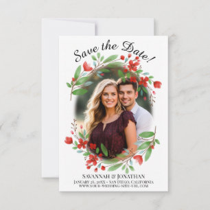 Rode Aquarel Bloemen & Groene Huwelijkskaart Save The Date