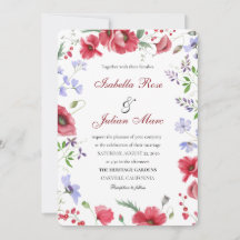 Rode Aquarel Papaver & Lavendel Bloemen Bruiloft