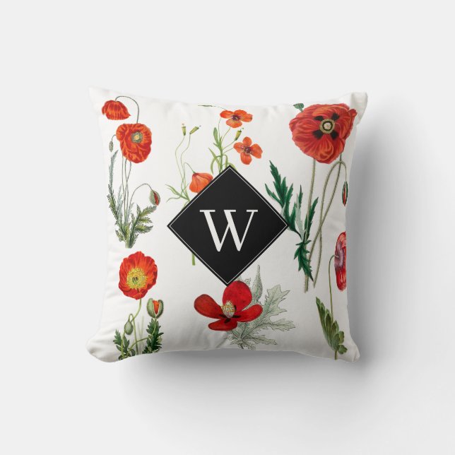 Rode Aquarel Papavers Bloemmotief Monogram Kussen (Voorkant)