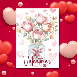 Rode aquarel rozen pot Happy Valentijnsdag Feestdagenkaart
