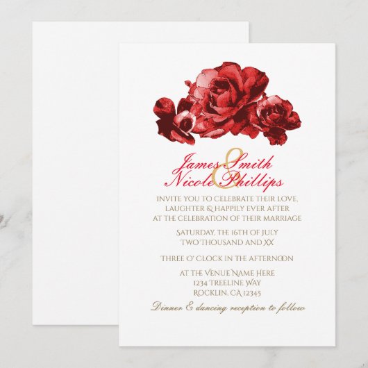 Rode Aquarel Vintage Rozen Trouw Uitnodigingen (Voorkant / Achterkant)