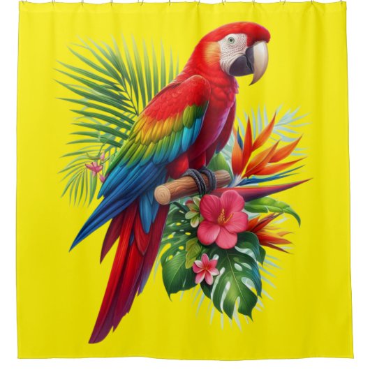 Rode ara tropische bloemen douchegordijn (Voorkant)