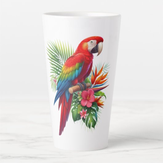 Rode ara tropische bloemen latte mok (Voorkant)