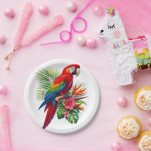 Rode ara tropische bloemen papieren bordje (Feest)