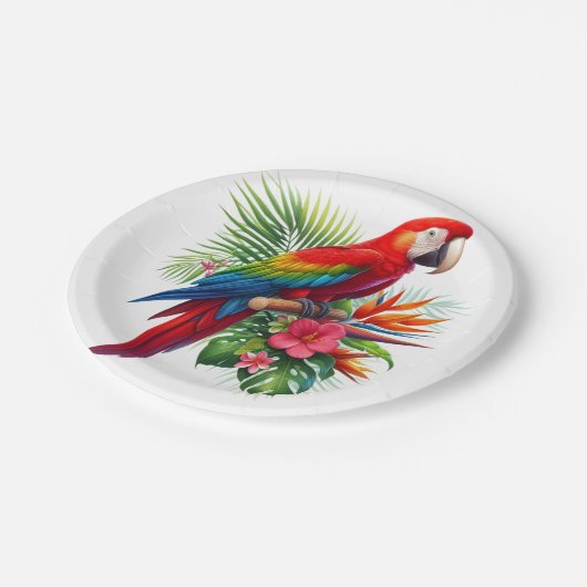 Rode ara tropische bloemen papieren bordje (Gekanteld)