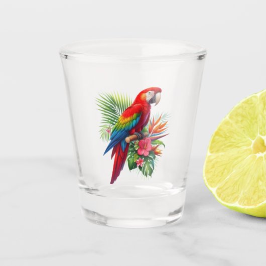 Rode ara tropische bloemen shot glas (Voorkant)