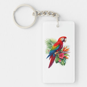 Rode ara tropische bloemen sleutelhanger