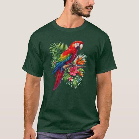 Rode ara tropische bloemen t-shirt (Voorkant)