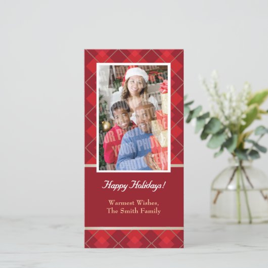 Rode argyle enige foto feestdagenkaart (Staand voorkant)