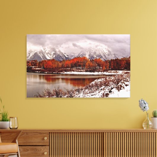 Rode Aspens reflecties na eerste winter storm Canvas Afdruk (Insitu (Woonkamer))