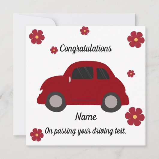 Rode auto bloemen rijexamen felicitaties kaart (Voorkant)
