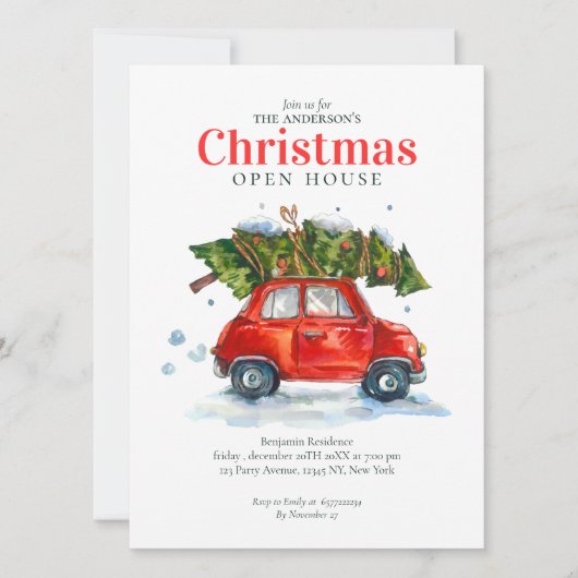  rode auto Boom Waterverf Kerstfeest Feestdagenkaart (Voorkant)