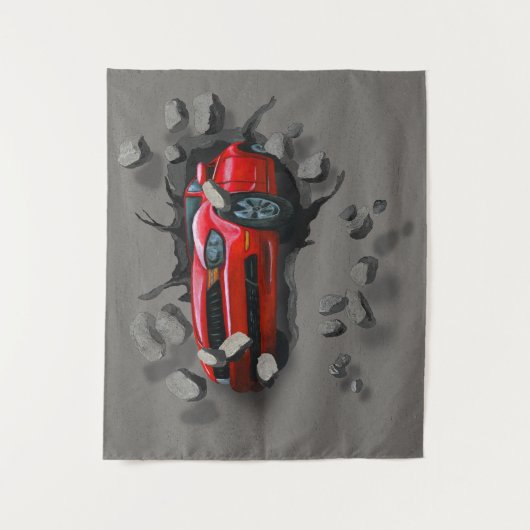 Rode auto door de muur kruipt wandkleed (Voorkant)