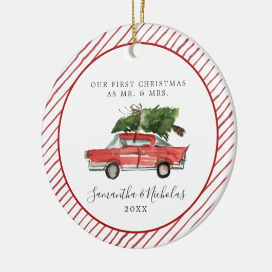 Rode auto | Eerste Kerstmis als de heer & Mrs. Keramisch Ornament (Links)