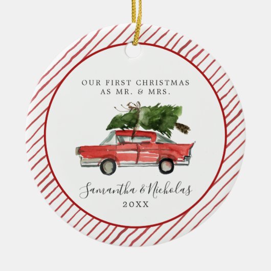 Rode Auto | Eerste Kerstmis als Mijnheer & Mevrouw Keramisch Ornament (Voorkant)