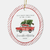 Rode Auto | Eerste Kerstmis als Mijnheer & Mevrouw Keramisch Ornament (Links)