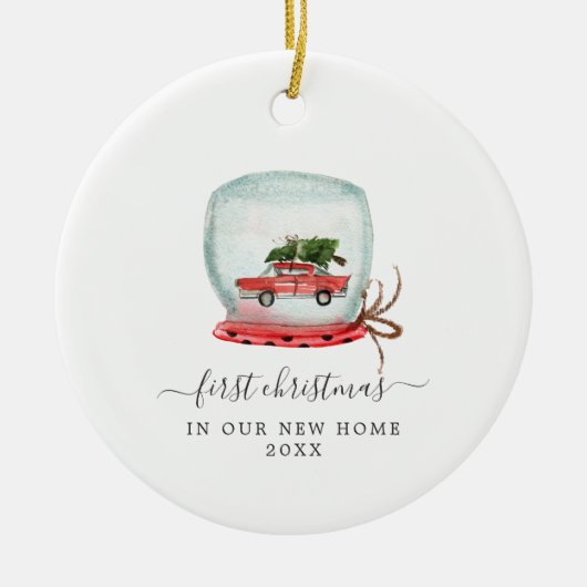 Rode Auto | Eerste Kerstmis Nieuwe Thuis Keramisch Ornament (Voorkant)