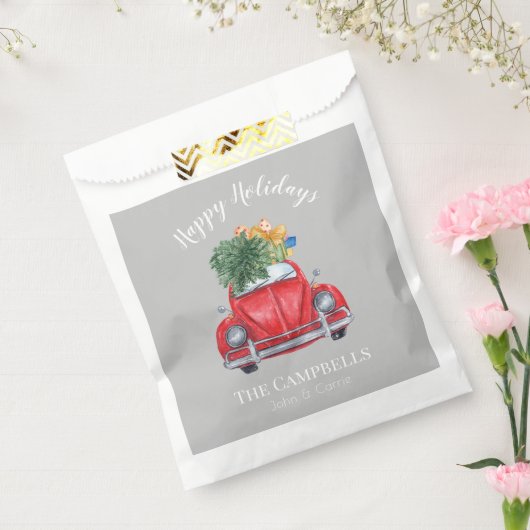 Rode auto en kerstboom  bedankzakje (Gezegeld)