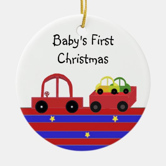 Rode Auto en Wagentje Baby's Eerste Kerstmis Keramisch Ornament (Voorkant)