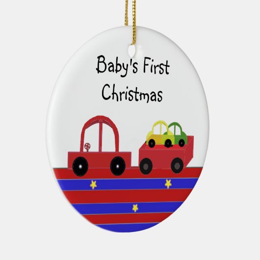 Rode auto en Wagon Baby's eerste Kerstmis Keramisch Ornament (Rechts)
