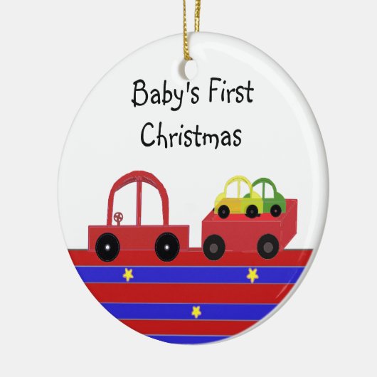 Rode auto en Wagon Baby's eerste Kerstmis Keramisch Ornament (Links)