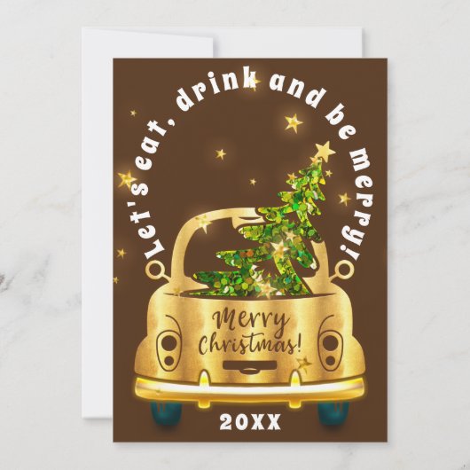 Rode Auto Kerst Brunch Diner Boom Goud Bruin Kaart (Achterkant)