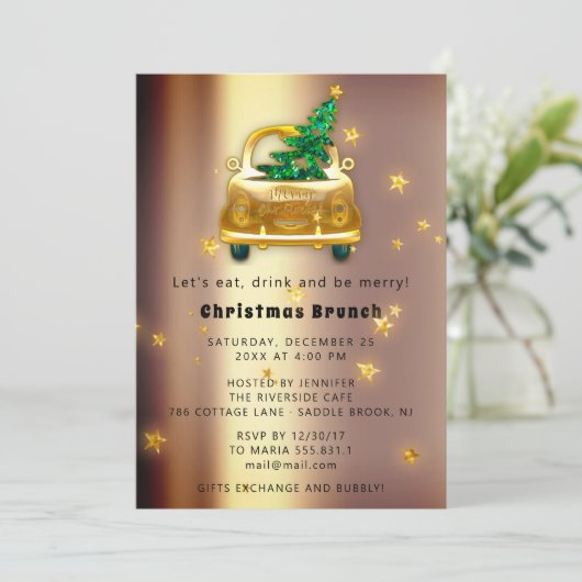 Rode Auto Kerst Brunch Diner Boom Gouden Glitters Kaart (Staand voorkant)