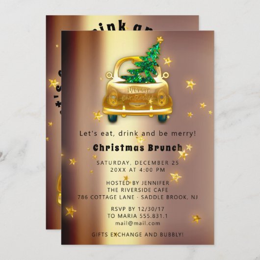 Rode Auto Kerst Brunch Diner Boom Gouden Glitters Kaart (Voorkant / Achterkant)