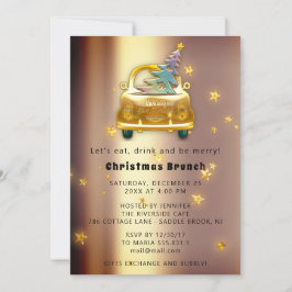 Rode Auto Kerst Brunch Diner Boom Gouden Sterren Kaart