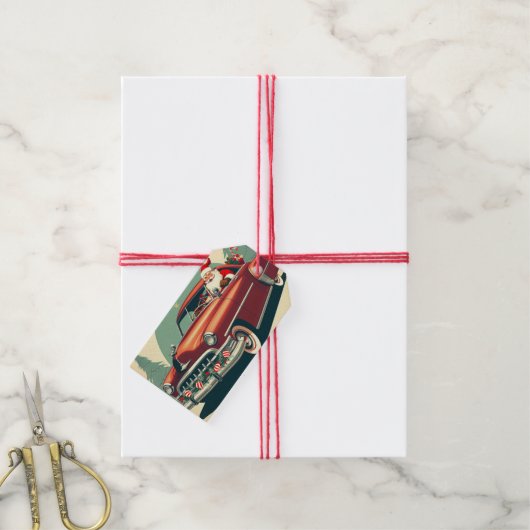 rode auto & kerstman cadeaulabel (Met Touw)