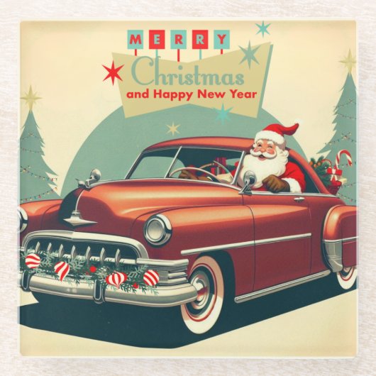  rode auto & kerstman glazen onderzetter (Voorkant)