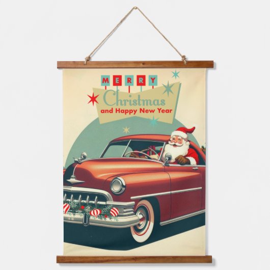 rode auto & kerstman hangend wandkleed (Voorkant)