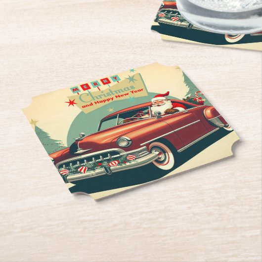  rode auto & kerstman kartonnen onderzetters (Gekanteld)