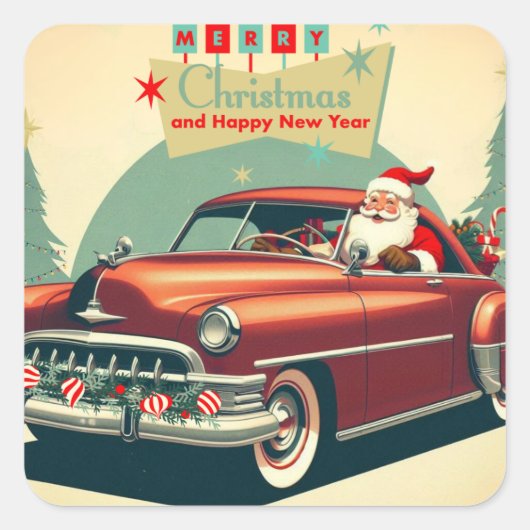 rode auto & kerstman vierkante sticker (Voorkant)