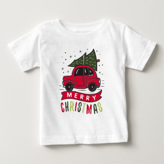 Rode Auto Kerstmis Boom Kleurrijk Grappig T-Shirt (Voorkant)