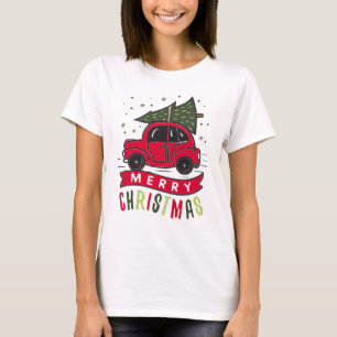 Rode Auto Kerstmis Boom Kleurrijke Grappige T-Shir T-shirt