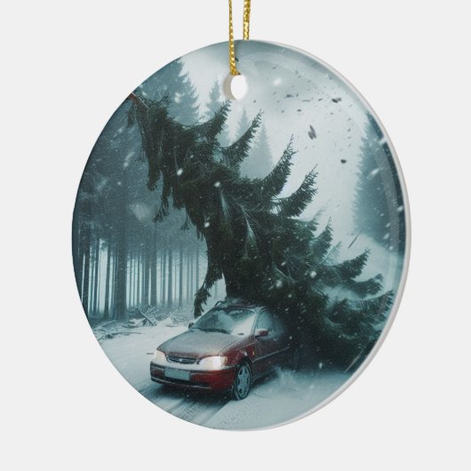 rode auto met bomcycloon keramisch ornament (Links)