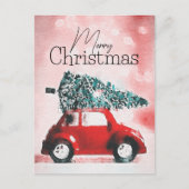  rode auto met een kerstboom vastgebonden aan het  feestdagenkaart (Voorkant)