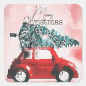  rode auto met een kerstboom vastgebonden aan het  vierkante sticker (Voorkant)