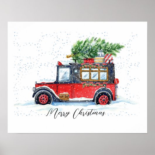 Rode auto met kerstbomen in sneeuw poster (Voorkant)
