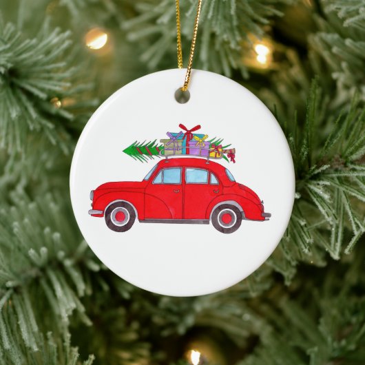 Rode auto met kerstboom Aquarel Keramisch Ornament (Boom)