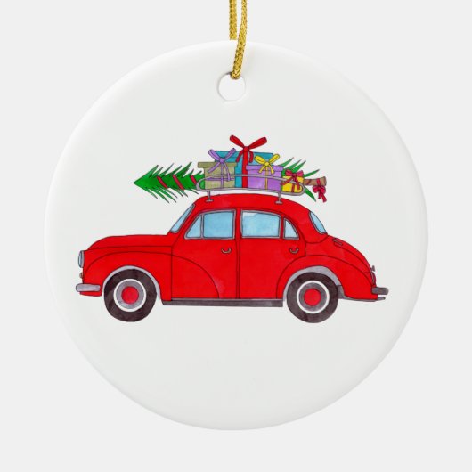 Rode auto met kerstboom Aquarel Keramisch Ornament (Voorkant)