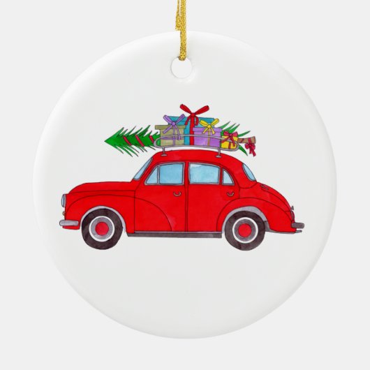 Rode auto met kerstboom Aquarel Keramisch Ornament (Achterkant)