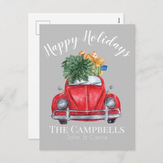 Rode auto met kerstboom  feestdagenkaart (Voorkant / Achterkant)