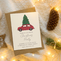 Rode auto met kerstboom | Minimalistische vintage
