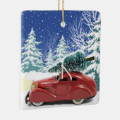 Rode auto met kerstboom op dak keramisch ornament (Rechts)